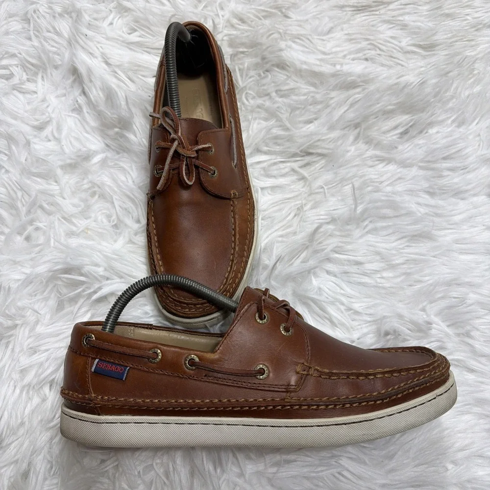 SEBAGO Mens Boat Shoes 8.5 RYDE 2 Mahogany Brown Oiled Leather Loafers Handmade!